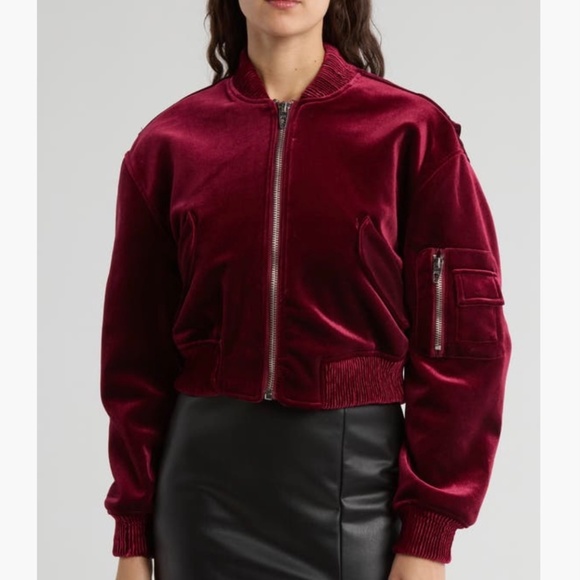 BLANK NYC Velvet Crop Bomber Jacket Burgundy SZ L - Picture 1 of 16